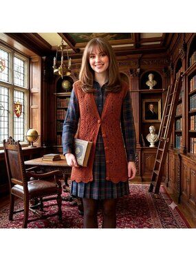 VTG 90s CLIO Crochet Long Vest S/M Rust Brown Granny Boho Academia 32” EUC
